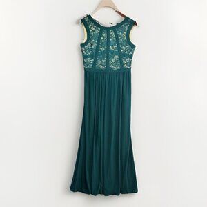 R&M Richards Dress Maxi Size 12 Green & Tan Lace Sequins Sleeveless Stretch